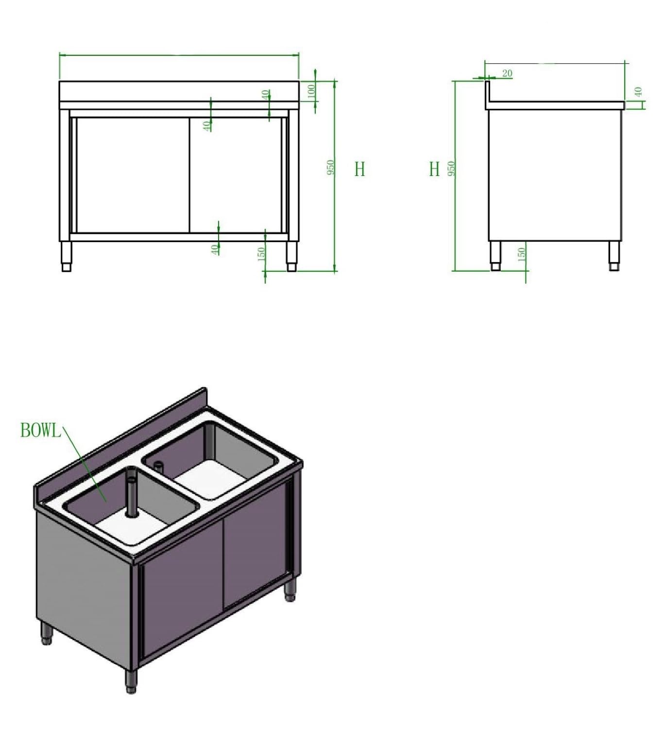 Ristoattrezzature - Lavello in acciaio inox armadiato 100x70x95h cm - 2 vasche