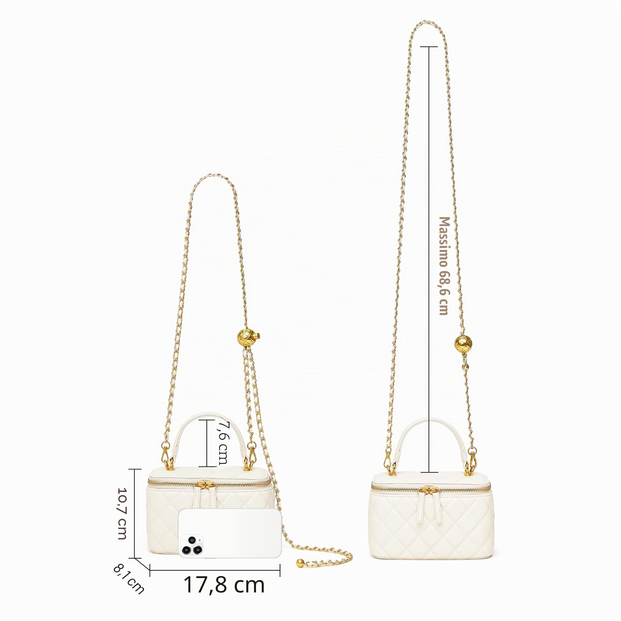 DORIS&JACKY - Borsa a tracolla trapuntata piccola per le donne in pelle di design, mini borsa con manico superiore con tracolla a catena in metallo