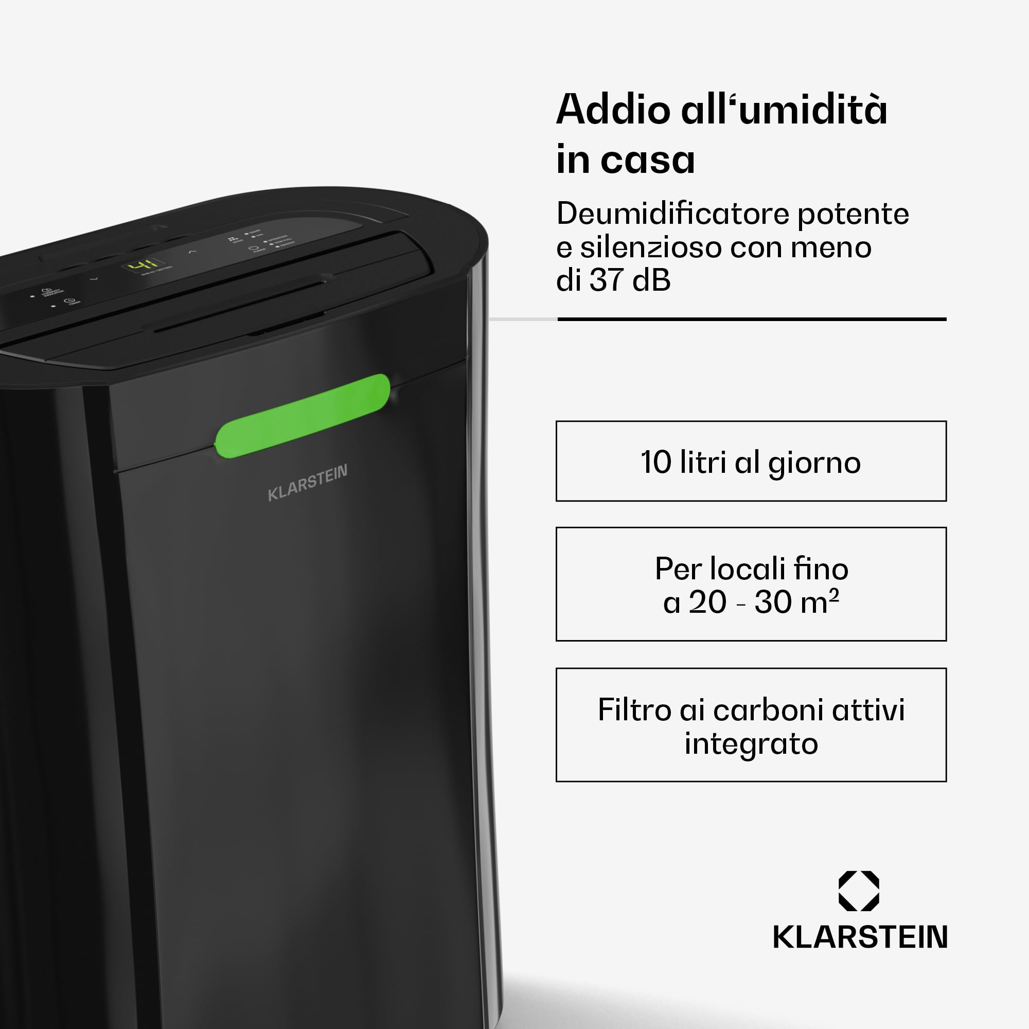 Klarstein AeroDry 10l - Deumidificatore, 165W, 10L/g, Serbatoio da 2,5L, Silenzioso: 37dB, Filtro a Carboni Attivi, Funzione DrySelect, per Casa, Bagno, Camera da Letto, Nero