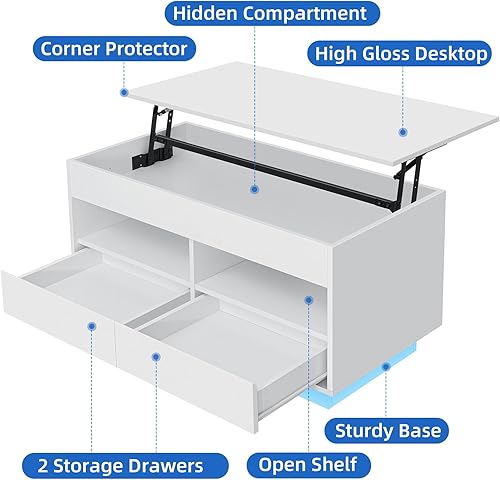 Miniatura 17 de HOMMPA Mesa de centro elevable de 40 pulgadas para sala de estar, mesas de centro blancas con almacenamiento, mesa de centro moderna LED rectangular