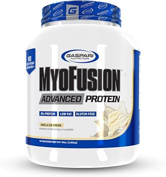 Gaspari Nutrition Myofusion Advanced Protein, Protein Blend with Whey Protein, Casein Protein and Isolate Protein, Low Fat and Gluten Free 4lbs, Vanilla Ice Cream