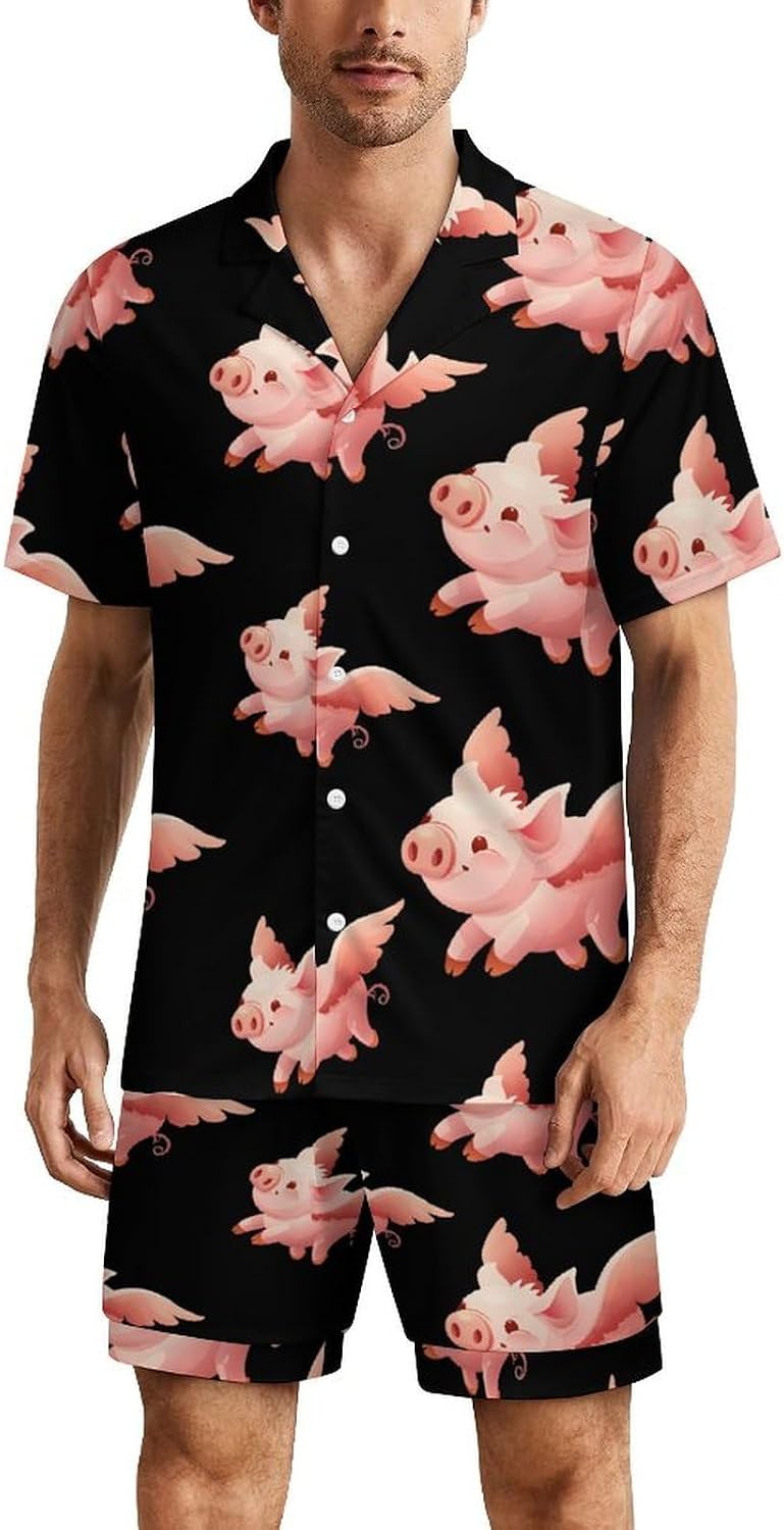 Flying Pigs Men's Short Sleeve Pajama Set Satin Silk Like Lounge Sleepwear