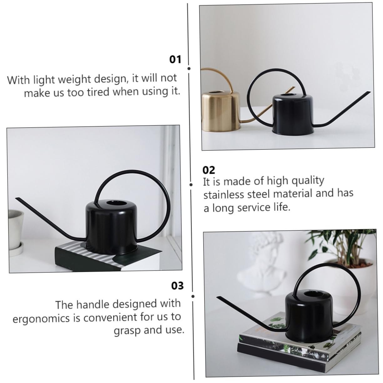 TOYANDONA Regadera de Acero Inoxidable Mango Ergonómico de 1,3l y Superficie Lisa para Riego Interior y Exterior de Plantas