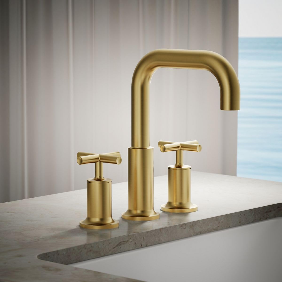 Kohler T14428-3-2MB Purist Deck-Mount High-Flow Bath Faucet Trim with Cross Handles, Valve Not Included, Vibrant Brushed Moderne Brass