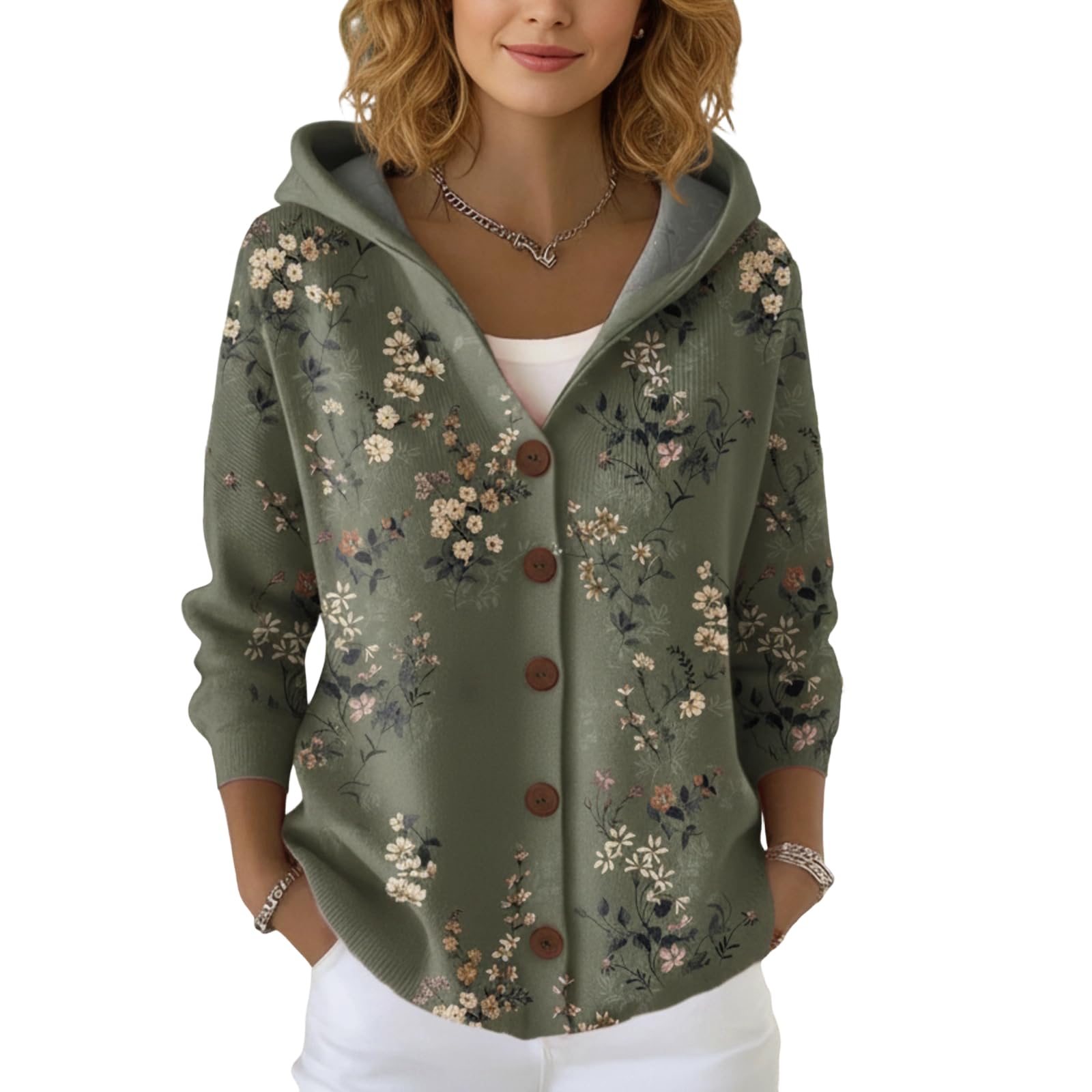Womens Printed Button-Front Hooded Cardigan Knit Outerwear Long Sleeve with Pockets Soft Casual Boho Style for Fall Spring