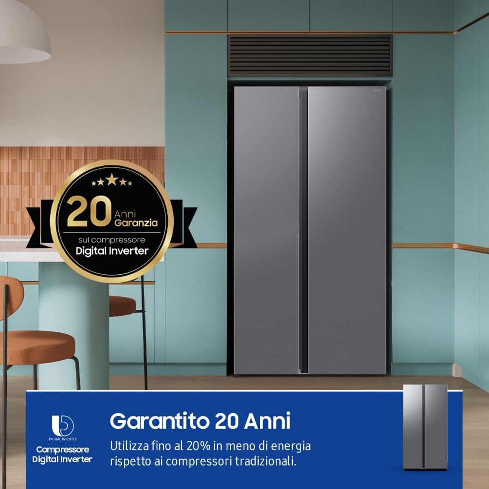 Samsung Frigorifero Side by Side AI RS70F65QET/EF, All-Around Cooling, Wifi con AI Energy Mode, Total No Frost, SpaceMax, 655 L, LxAxP: 91,2 x 178,4 x 72,6 cm, Metal Inox