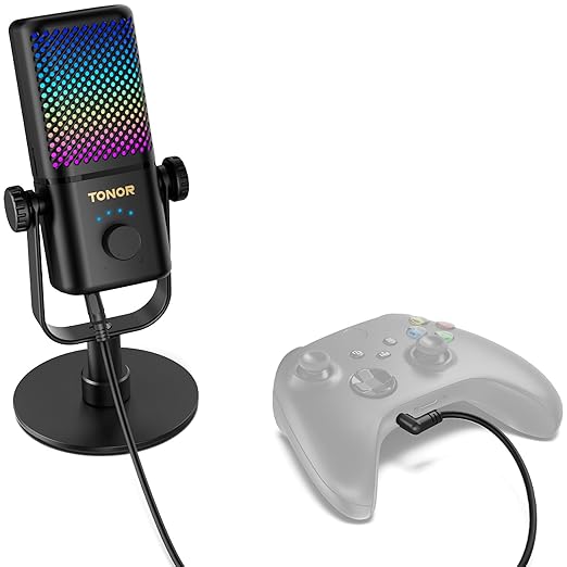 TONOR Gaming Microphone Compatible with Xbox, RGB Condenser Streaming Mic with 30H Battery Life, Low Noise, Monitoring, Gain Control, One Tap Mute, Fast Charging, Compatible with Capture Card TCX3