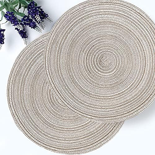 Table Place Mats Set of 4, Round Braided Woven Placemats,Hand-Woven 15 Inch Table Mats, Non Slip Washable Place Mat Home Kitchen, Dining Table, Outdoor, Christmas Party