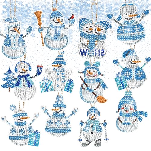 TIVUNORON 12 Pieces Diamond Painting Christmas Keychain, DIY Snowman with Diamonds, 5D Christmas Keychain, Double Side, Pendant, Gift for Children
