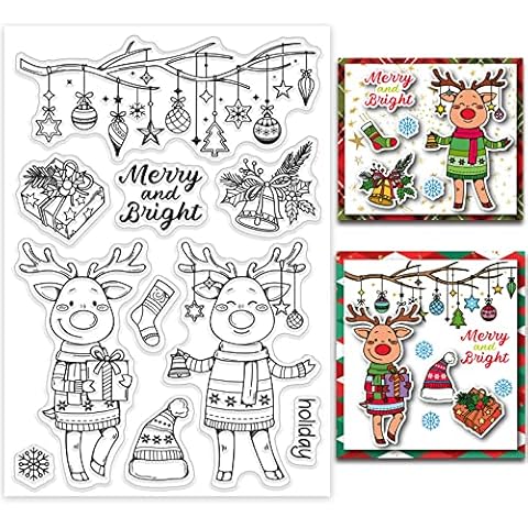 INFUNLY Christmas Theme Clear Stamps Merry Christmas Winter Clear Stamps Elk Deer Gift Transparent Rubber Stamps Seal for Card Making DIY Scrapbooking Photo Album Decorations Cover