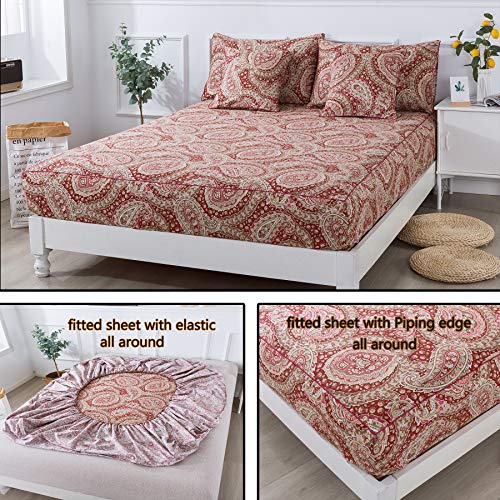 Fadfay Luxury Paisley Sheets Set King Classy Red And Gold Floral Farmhouse Bedding Elegent Red Paisley Bedding Set 100% Cotton Super Soft Hypoallergenic Deep Pocket Fitted Sheet 4-Pieces, King Size #TOP3