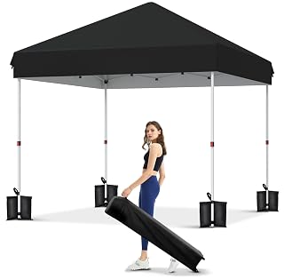 10x10 Pop Up Canopy with One Button Push Setup - Heavy Duty Outdoor Canopy Tent with Portable Roller Bag - 3 Adjustable Height, 4 Weight Bags, 8 Stakes & 4 Guy Ropes Included, Black - Amazon product rated Grade A