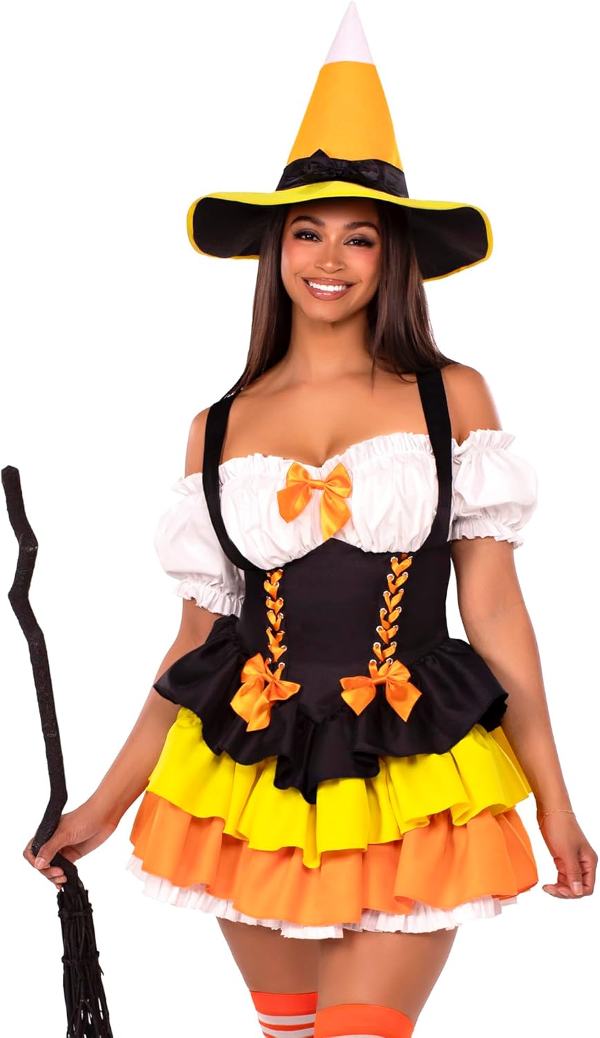 Leg Avenue Women’s 2 Pc Candy Corn Witch Costume, Includes Dress With Tiered Skirt Lace-up Waist and Witch Hat