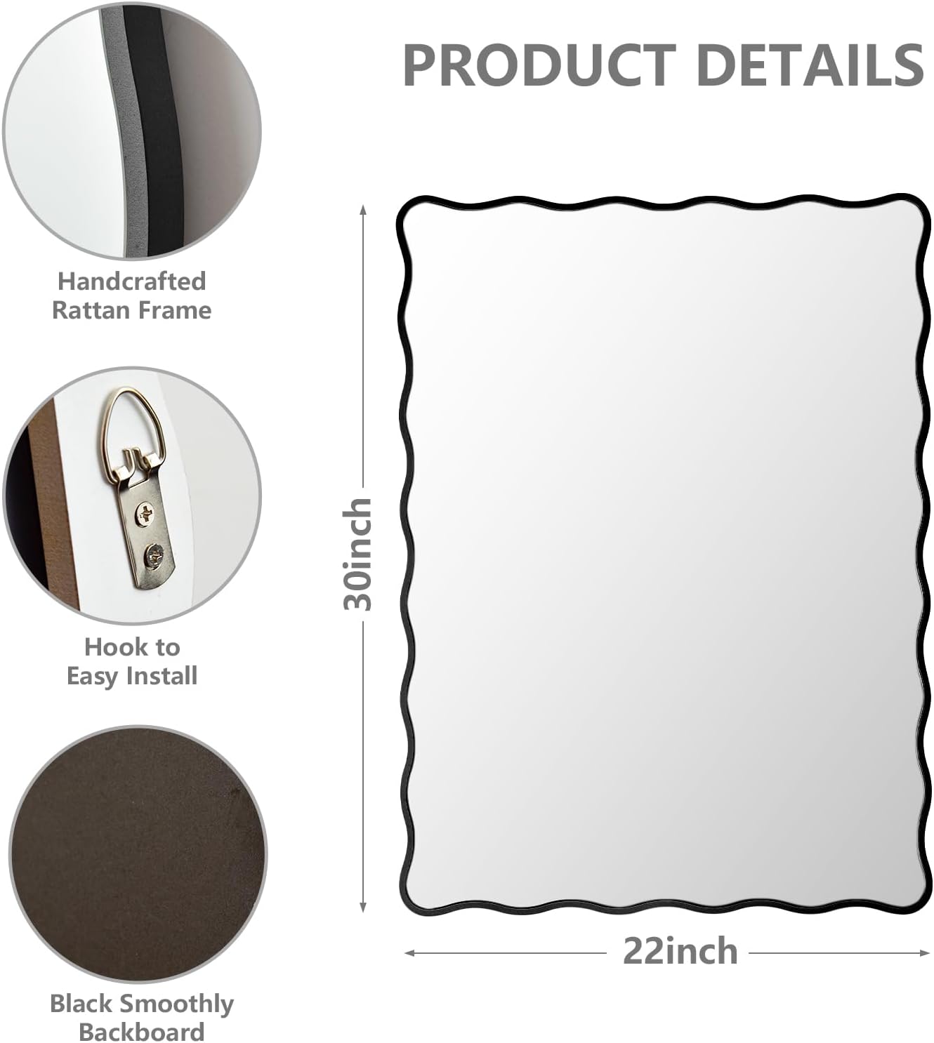22"x30" Black Wavy Bathroom Mirror Rectangle Scalloped Wood Framed Vanity Mirror Wall Mounted for Bedroom Entryway Living Room Horizontal/Vertical Hanging