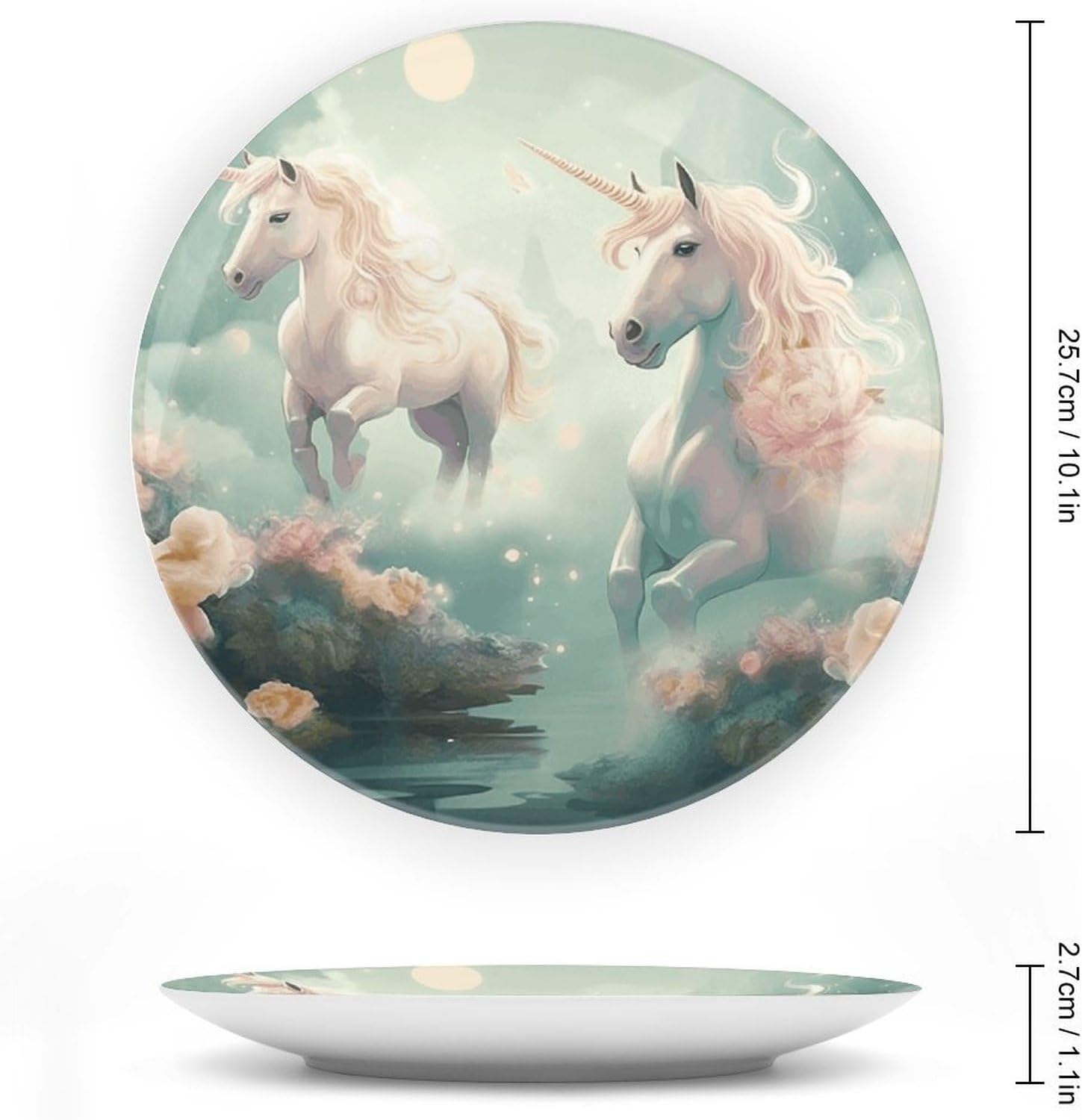 Two Horses Are Flying Bone China Decorative Plate with Display Stand, Ceramic Ornaments Plate for Wall Hanging, Personalized Porcelain Plates for Office, Living Room 10inch