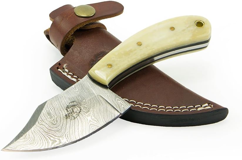 Knives Ranch Damascus Steel Knives 6.75" Knife with Bone Handle and Leather Sheath