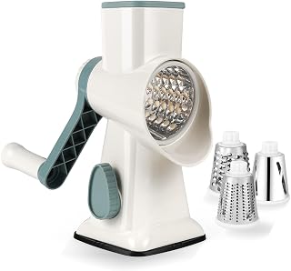 Dreamhigh Crank Cheese Grater, Vegetable Cutter 3 Interchangeable Stainless Steel Blades, Manual Drum Grater, Vegetable Mandolin, Strong Suction Power, Ideal for Cucumbers, Nuts