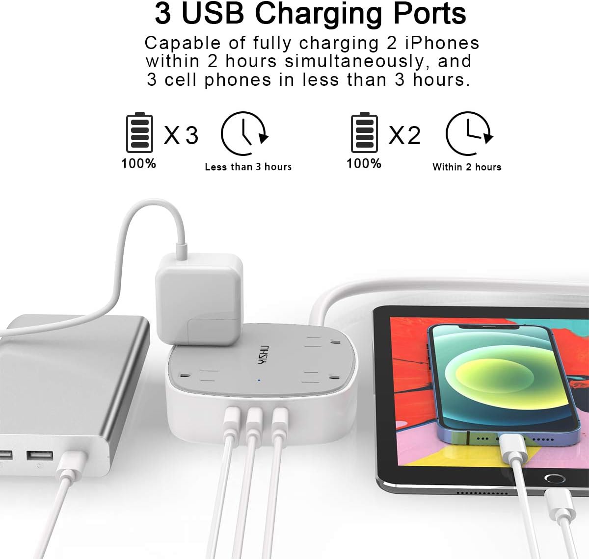 Power Strip with 6 FT, YISHU Flat Plug Extension Cord with 4 Widely Spaced Outlets and 3 USB Ports, 6 Feet Power Cord, Compact Size for Cruise Ship/Home/Office/Dorm Essentials, ETL Listed (White/Grey)