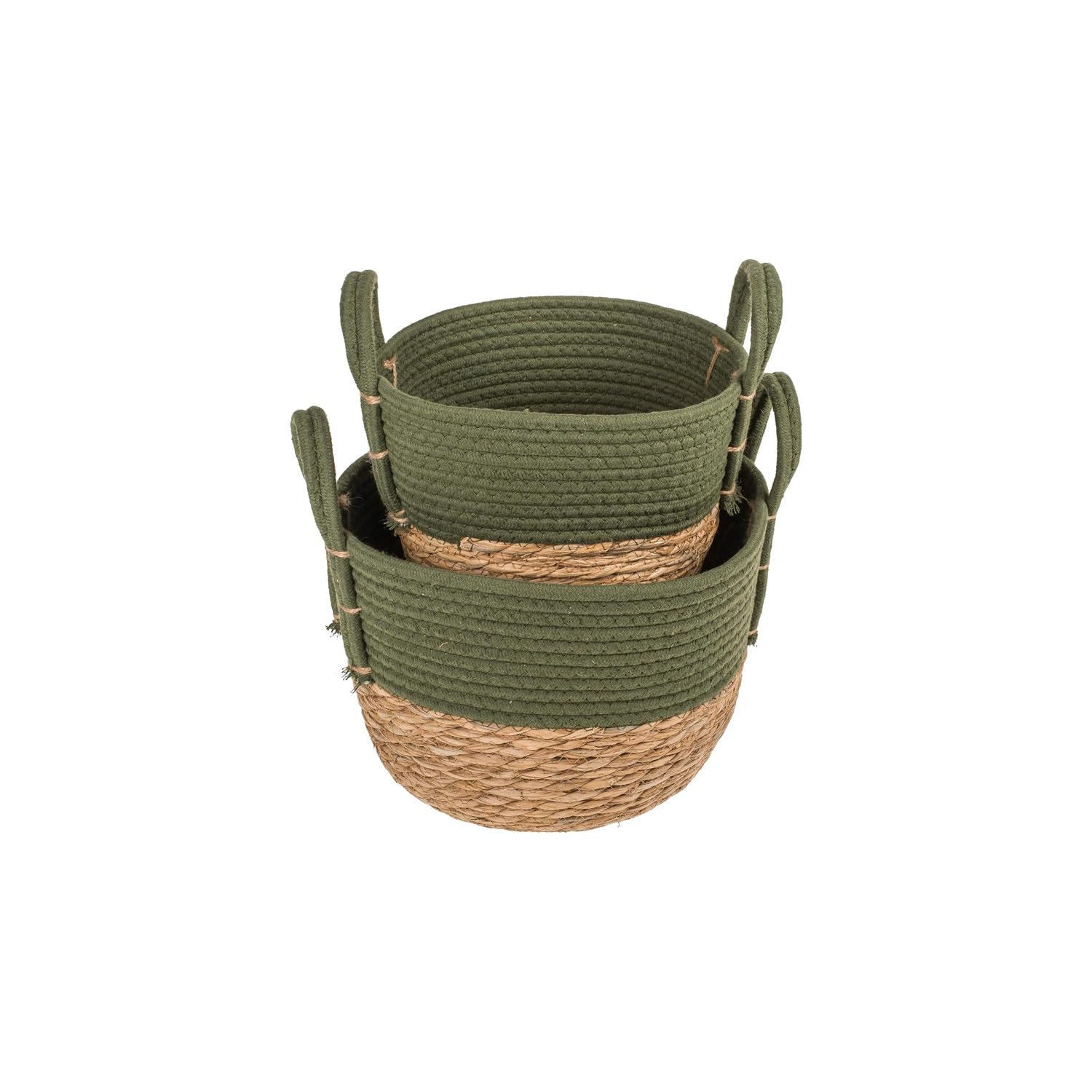 Set mit 2 Aufbewahrungskörben mit seitlichen Griffen – Set stapelbare Aufbewahrungskörbe für Zeitschriften und Spiele, für Wohnzimmer und Kinderzimmer, aus Baumwolle und Seegras, 18 x 25 cm und 20 x