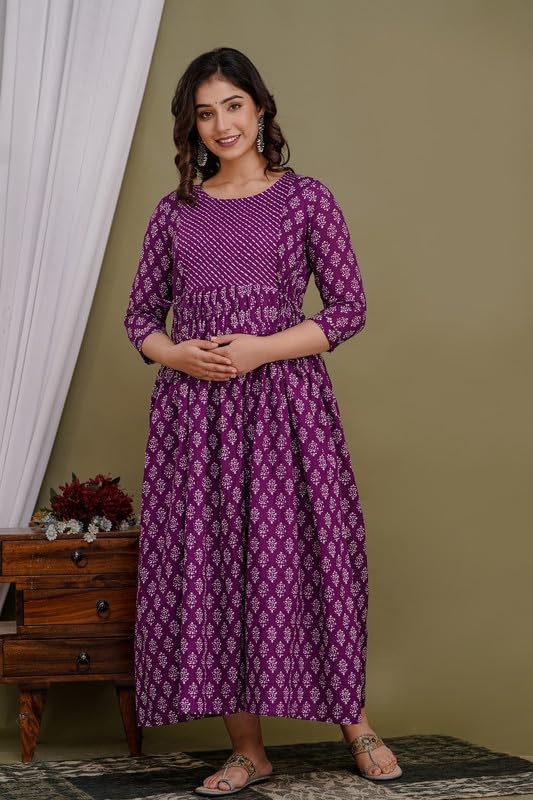 Image of Women's Pure Cotton Printed Maternity Gown /Maternity wear /Feeding Gown A-line Maternity Feeding Dress Maternity Kurti Gown for Women
