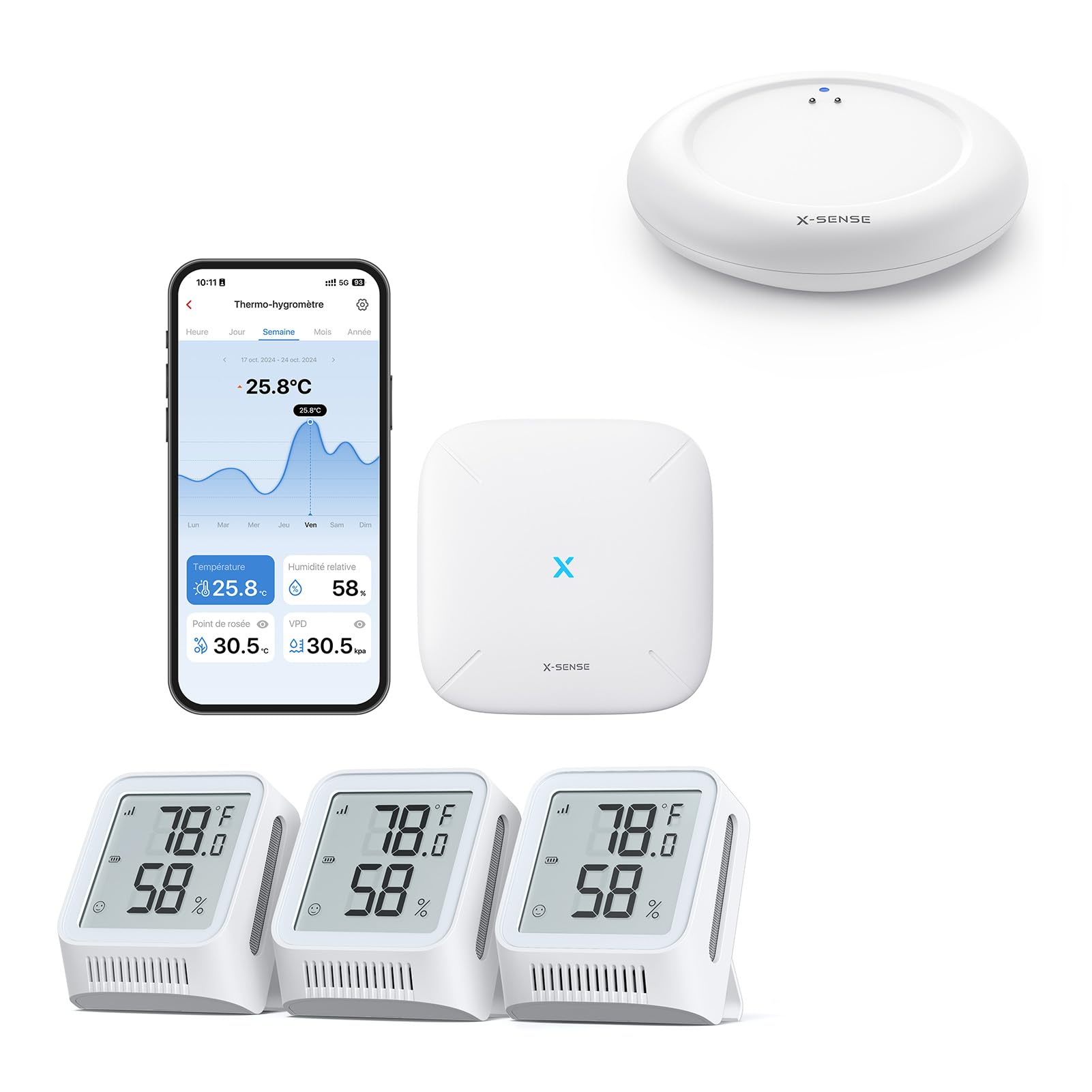 X-Sense Thermomètre-Hygromètre Wi-Fi avec Station de Base SBS50 STH0A31 et Détecteur de Fuite d’Eau Wi-Fi SWS0A, Lot de 1