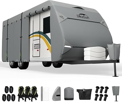 Travel Trailer RV Cover 27  30, Upgraded 7 Layers Top Waterproof Camper Cover, Heavy Duty Toy Hauler RV Cover for Winter Snow with Tongue Jack Cover, Gutter Covers