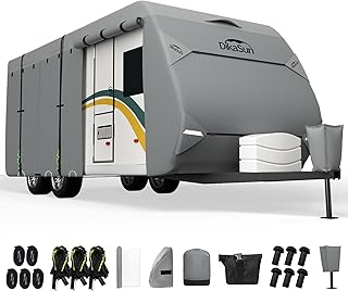 RV Cover, Upgraded 7 Layers top Travel Trailer Cover Fits 24-27 ft RV, Waterproof Camper Cover for Toy Hauler with Tongue Jack Cover, Gutter Covers