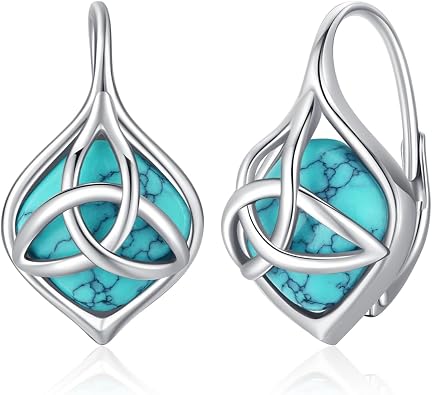 BDL Celtic Knot Genuine Turquoise Leverback Earrings Sterling Silver Dangle Drop Jewelry for Women
