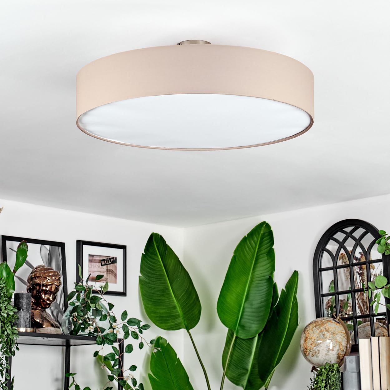 Lampada da soffitto HOFSTEIN Foggia, lampada in metallo/tessuto/plastica nichel opaco/beige/bianco, rotonda stile boho (Ø 60 cm), E27, sala pranzo, soggiorno, camera letto, cucina, corridoio