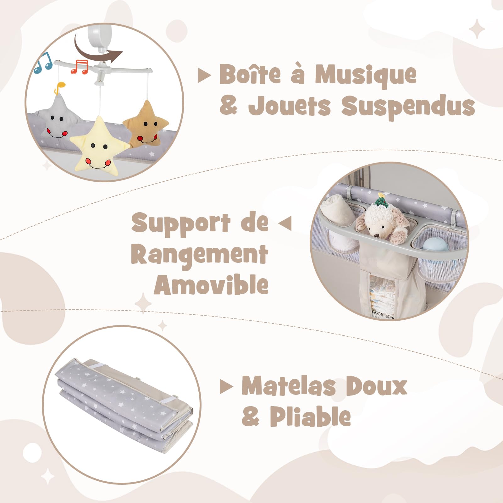 COSTWAY 5 en 1 Lit Parapluie Bébé avec Matelas et Table à Langer Amovible, Lit Bébé Évolutif avec Boîte à Musique et Jouets Suspendus, Hauteur Réglables pour Bébé de 0-3 Ans (Beige)