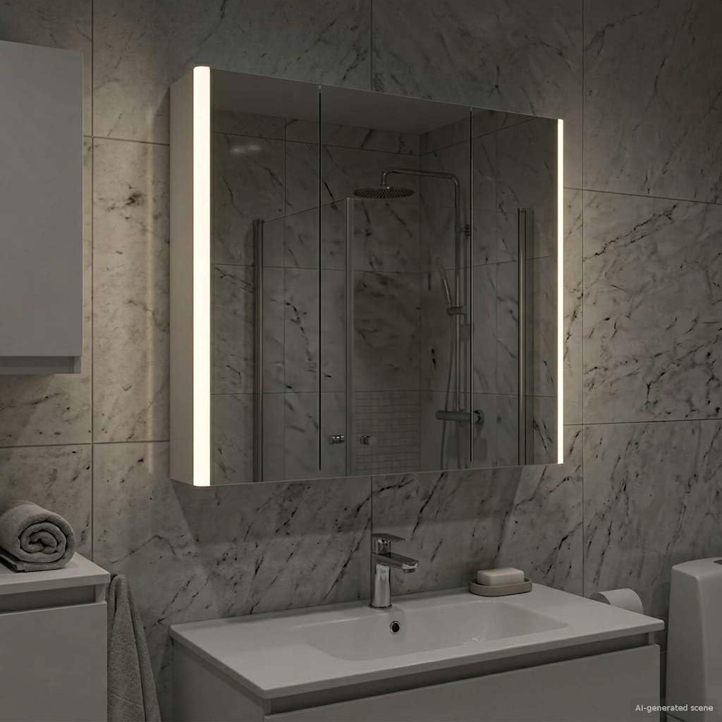 Szafka łazienkowa z lustrem biała, materiał drewnopochodny, 73,5 x 15,5 x 70 cm, z oświetleniem LED, montaż ścienny, miejsce do przechowywania i regał na meble łazienkowe, szafka pod umywalkę