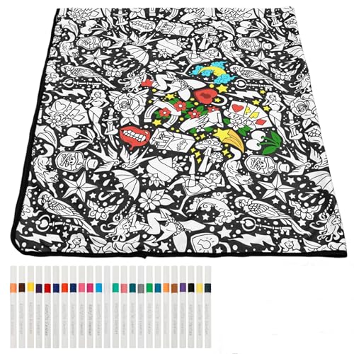 YUNYOUC DIY Colouring Blanket with 24 Colour Markers 156x125cm Colour Your Own Throw Blanket Arts and Crafts Activity Set Personalised Soft Polyester Throw Home Decor Gifts for Christmas(Style B)