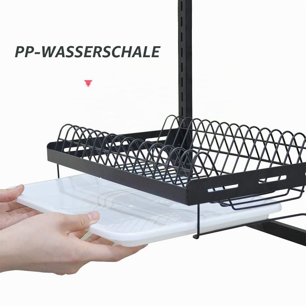junyuan Abtropfgestell zum Aufhängen, Wandhalterung, Abtropfgestell, 3 Etagen, Küchenteller-Organizer, Aufbewahrungsregal mit Ablaufschale mit 3 Haken, Edelstahl, schwarz, groß, verstellbare Höhe