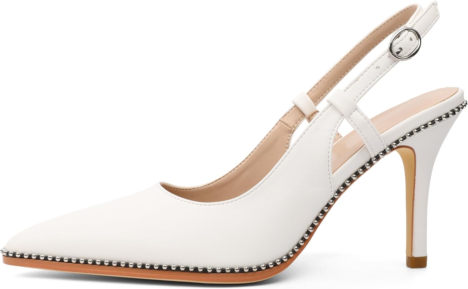 Esvowido White Slingback Pumps for Women Pointed Toe Sling Back Heels 3.5 Inch Beaded Slip on High Heel Dressy Shoes US Size 10