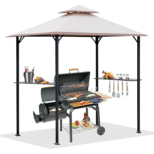 OLILAWN 8' x 5' Grill Gazebo, BBQ Gazebo Canopy for Outdoor Grill, Barbecue Canopy with Led Lights and Carrying Bag, Outdoor BBQ Shelter with Sturdy Steel Frame and Durable Tarpaulin, Light Beige
