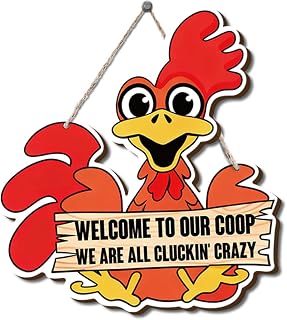 Farmhouse Chicken Coop Decor, Welcome to Our Coop Funny Rooster Sign, Cartoon Painting Style Wood Hanging Plaque, Rustic Farmhouse Wall Art for Porch Patio Barn or Chicken House, 11x10 Inches