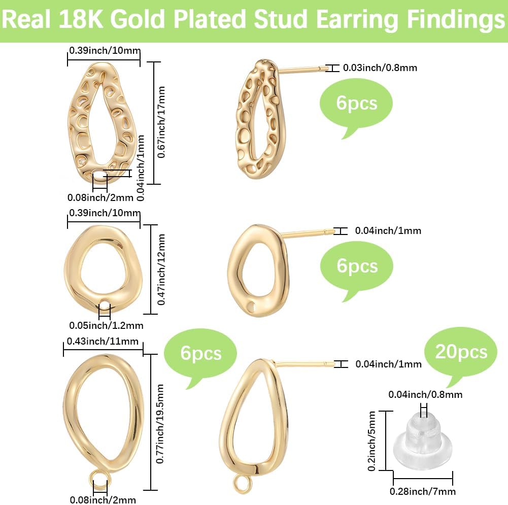 Beebeecraft 18Pcs 3 Styles Gold Circle Earring Post Blank Earring Studs with Backs Loop Hollow Round Real 18K Gold Plated Brass Dangle Ear Findings Accessories for Jewelry Making Supplies DIY Crafts - Image 2