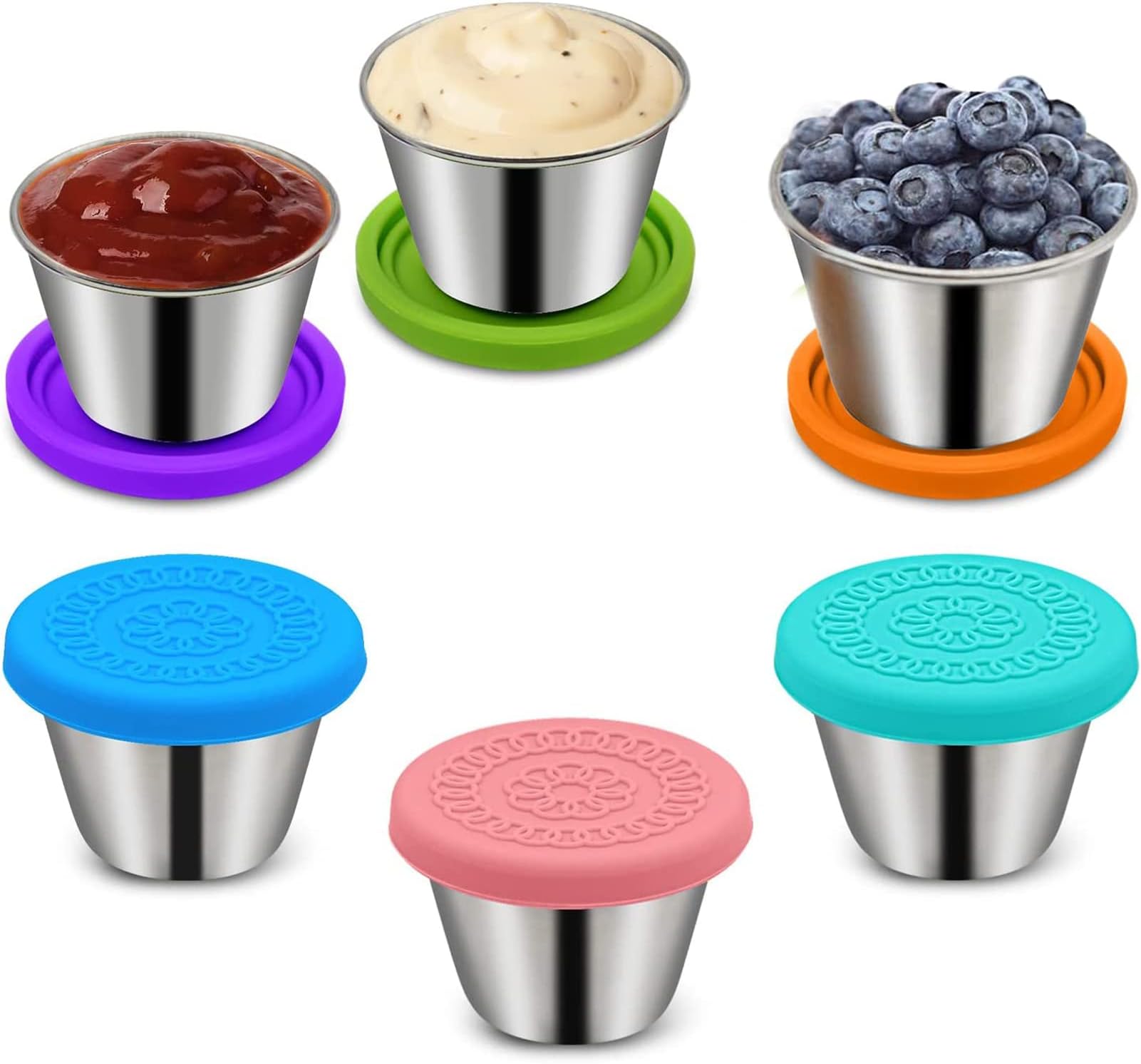 6Pack Salad Dressing Containers To Go, 2.4oz Small Condiment Containers with Lids,Stainless Steel Sauce Container for Lunch Box, Condiment Cup Dipping Sauce Cups for Bento Box Leakproof for Kids