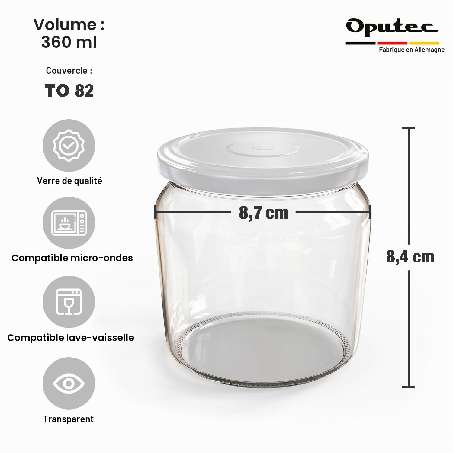 Oputec Lot de 48 bocaux de 360 ml avec couvercle à visser blanc – Parfaits pour les confitures, les confitures et plus encore, bocaux de conservation avec couvercle, parfaits comme pots à confiture et