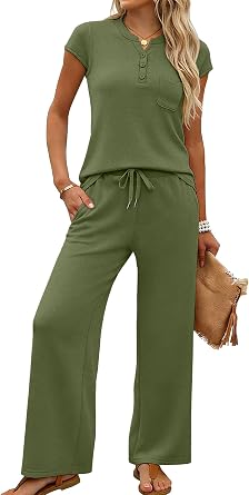Casly Lamiit 2 Piece Lounge Sets for Women Summer Outfits Travel Airport Henley Sweatsuit Casual Wide Leg Crop Pants 2026