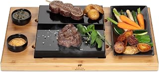 Heißer Stein Grill Steinplatte Modell DUE Hot Stone Steak Maker Lavasteine Grill Holzbrett Bambus, Lavastein Steak, Heisser Stein Raclette komplett Set mit 8 Teilen