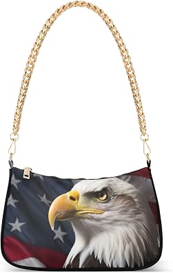 Flag Bald Eagle Shoulder Bag for Women, Handbag with Chain Strap, Soft Purse Tote Bag for Ladies