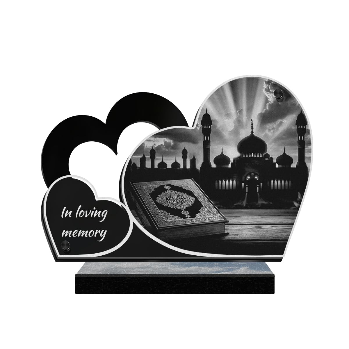 ETERNEL - Personalized Double Heart Memorial Plaque - Islam, Muslim, Mosque - Customizable text, laser-engraved memorial plaque for tribute, funeral plaque, tombstone, burial ceremony