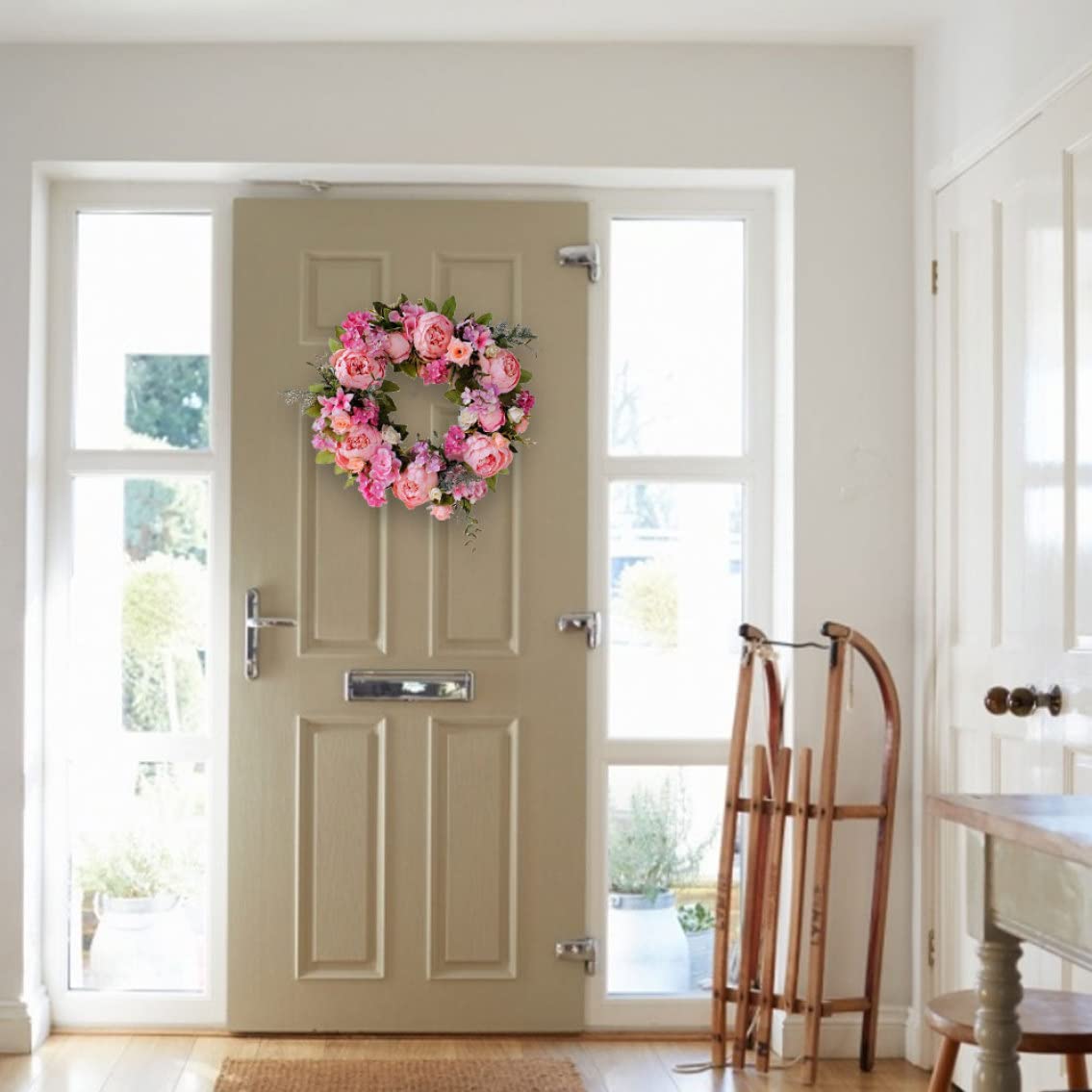Couronne de porte - Couronne de fleurs - Pivoine artificielle - Couronne en soie - Rose - Décoration pour porte d'entrée - Bureau - Maison - Fête de mariage