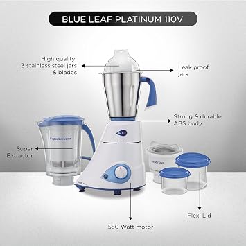 Preethi Blue Leaf Platinum 550 Watts 3 Jar Indian Mixer Grinder 110 Volts