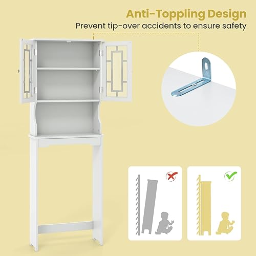 Miniatura 7 de Giantex Armario de almacenamiento sobre el inodoro, estante de baño independiente de 3 niveles con gabinete de puerta de vidrio y estante ajustable