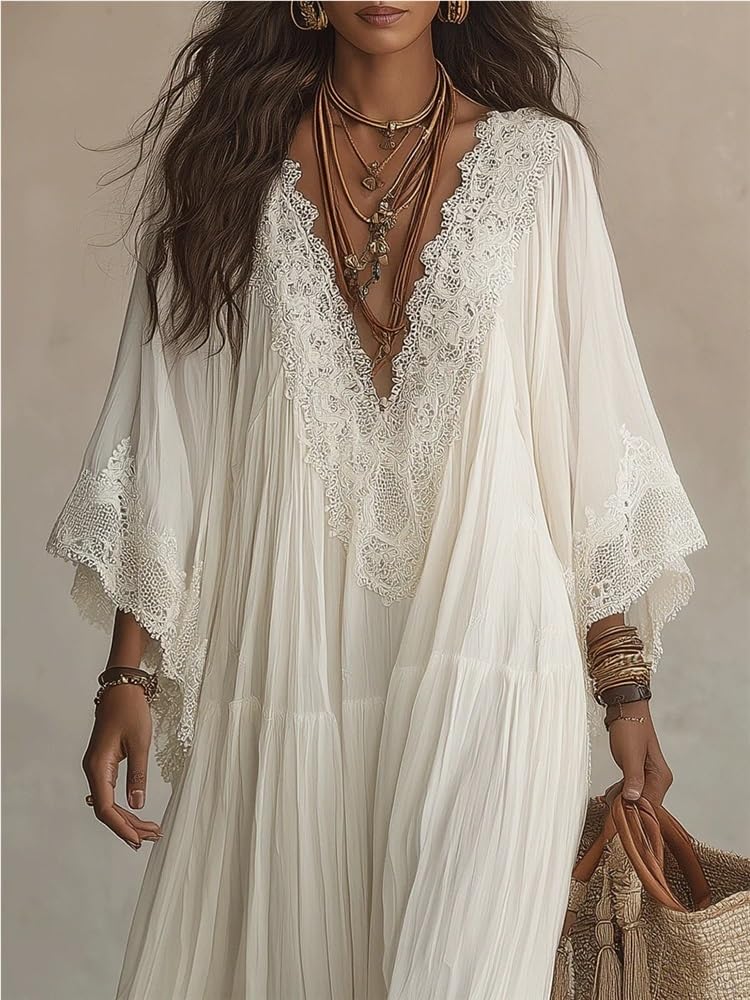 Vestido Maxi Crochet Mujer Escote V Manga Campana Boho | Vestido Largo Estratificado Transpirable Encaje Fluido Para Graduación Invitada Boda Fiestas Verano