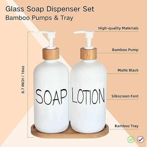 Miniatura 2 de Juego de baño dispensador de jabón blanco, juego con dispensador de vidrio, bombas y bandeja de bambú. Mano y loción adecuadas para decoración de