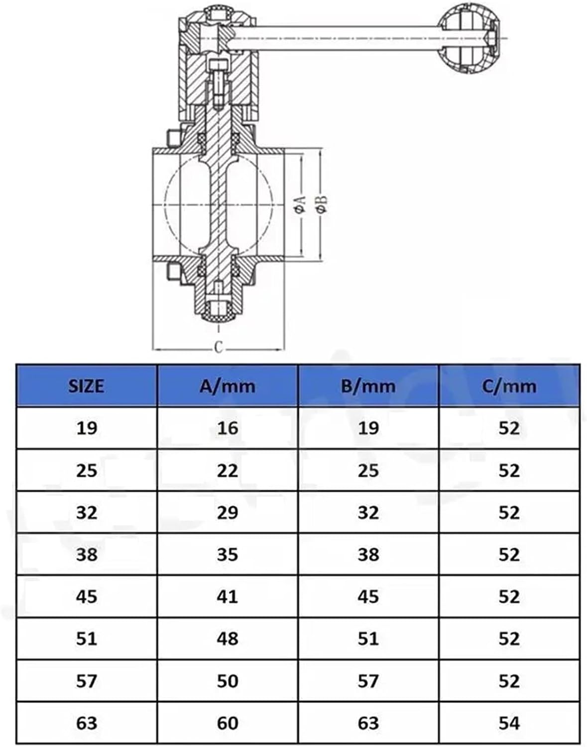 19mm 25mm 38mm 51mm 63mm Self-Made Welding Manual Butterfly Valve 304 Stainless Steel Flow Control Beer Brewing(63mm)
