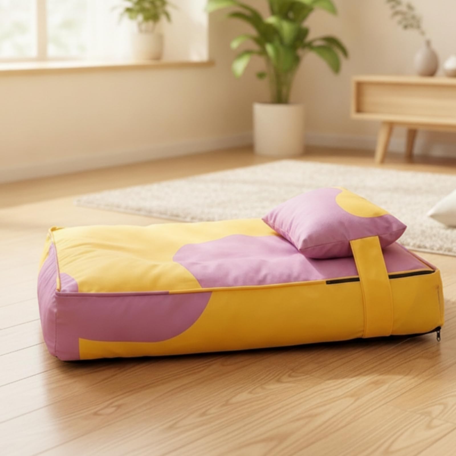 Cama para Perros senfundable , Grande, 65 × 45 × 15 Cm , Morado Y Amarillo